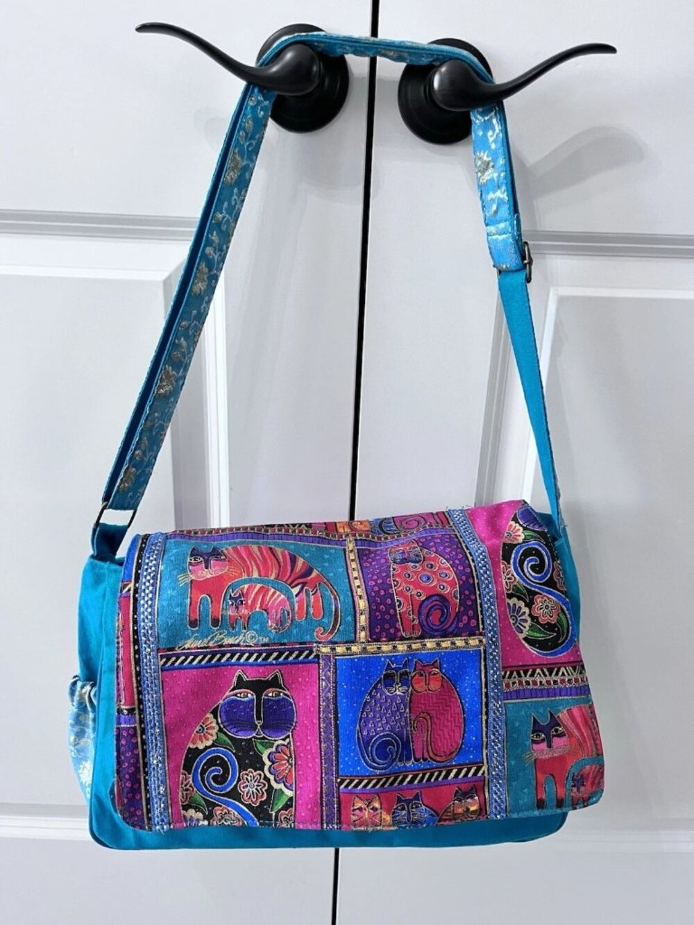 Laurel Burch Fantastical Feline Canvas Shoulder Tote Multicolor Whimsy Artsy